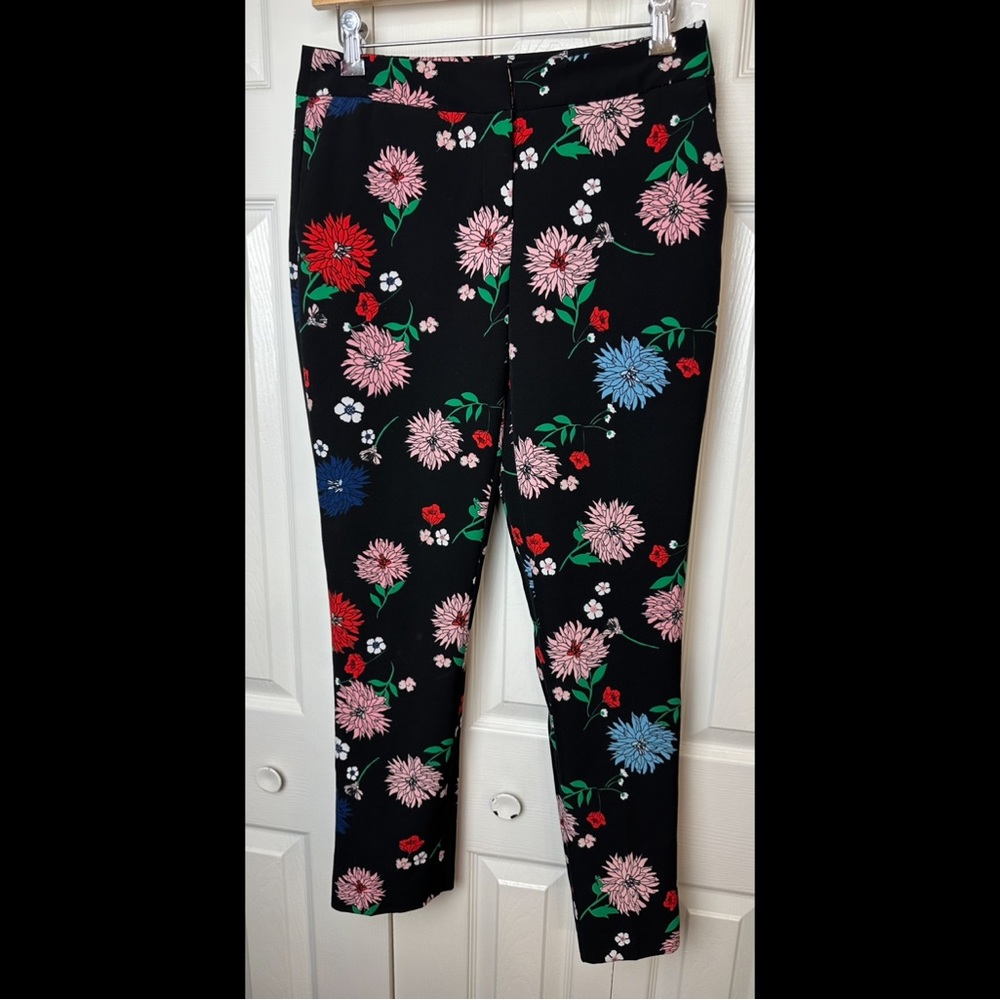 CYNTHIA ROWLEY Floral Ankle Cropped Pants Black Crop Zinnia Red Blue Pink Slim